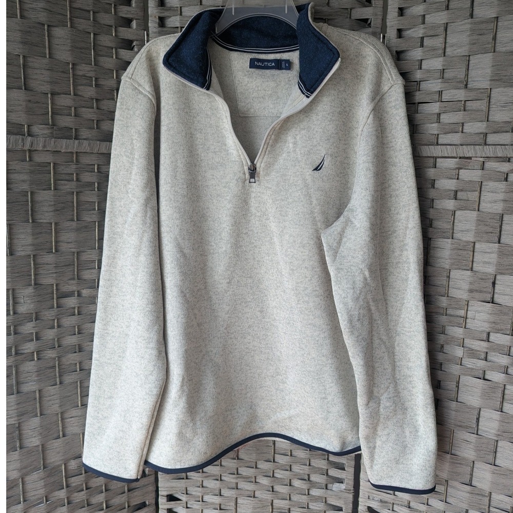 Nautica Quarter Zip Pullover Oatmeal Heather Fleece Lg Athliesure Preppy Casual - Picture 3 of 7